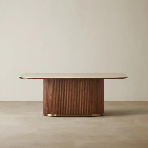 San Pierre Walnut Veneer Dining Table - Single Leg - Travertine Finish Sintered Stone Top 200x110cm